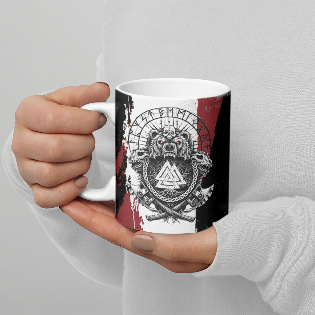 Viking Berserker Bear Valknut Vegvisir Ceramic Mug Nordic Runic Warrior Engraving Style