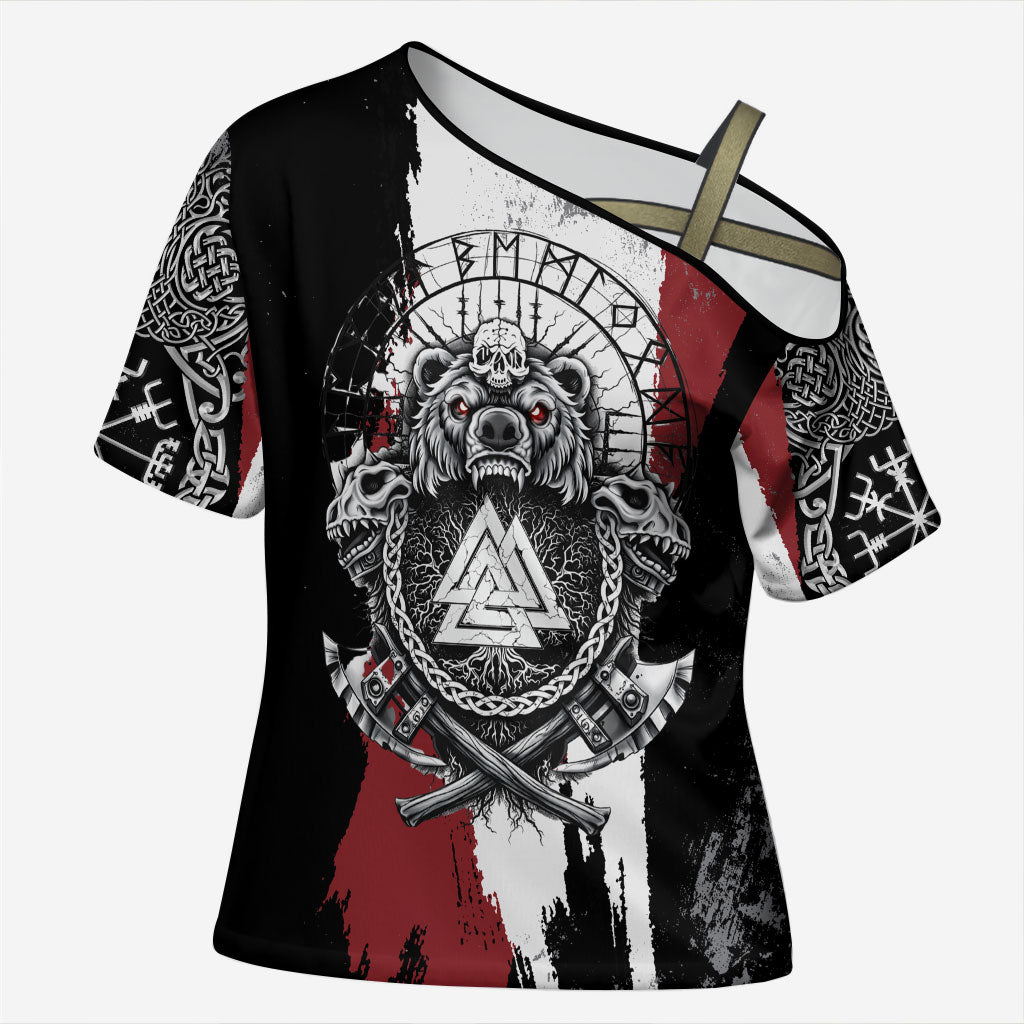 Viking Berserker Bear Valknut Vegvisir Cross Shoulder Shirt Nordic Runic Warrior Engraving Style