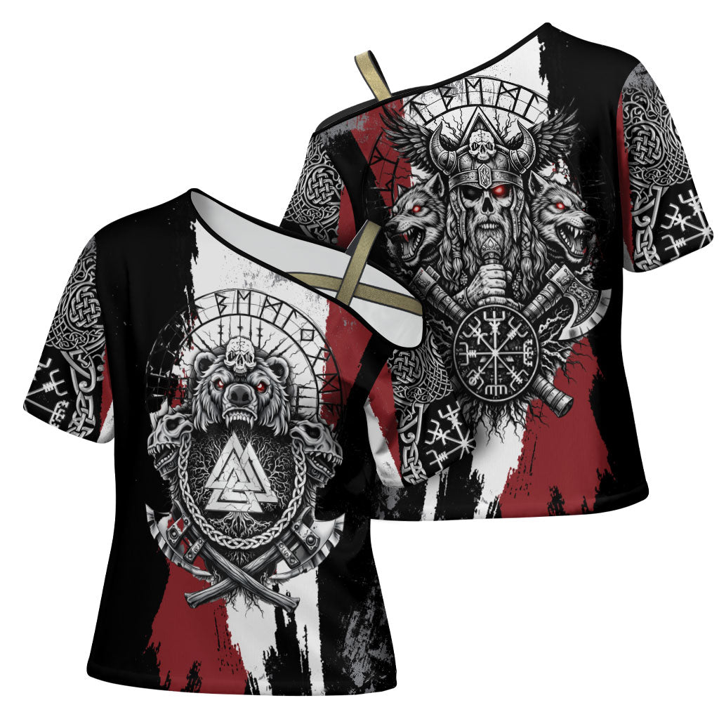 Viking Berserker Bear Valknut Vegvisir Cross Shoulder Shirt Nordic Runic Warrior Engraving Style