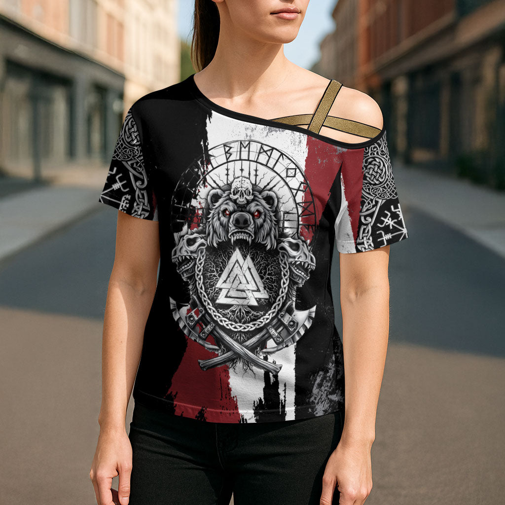 Viking Berserker Bear Valknut Vegvisir Cross Shoulder Shirt Nordic Runic Warrior Engraving Style