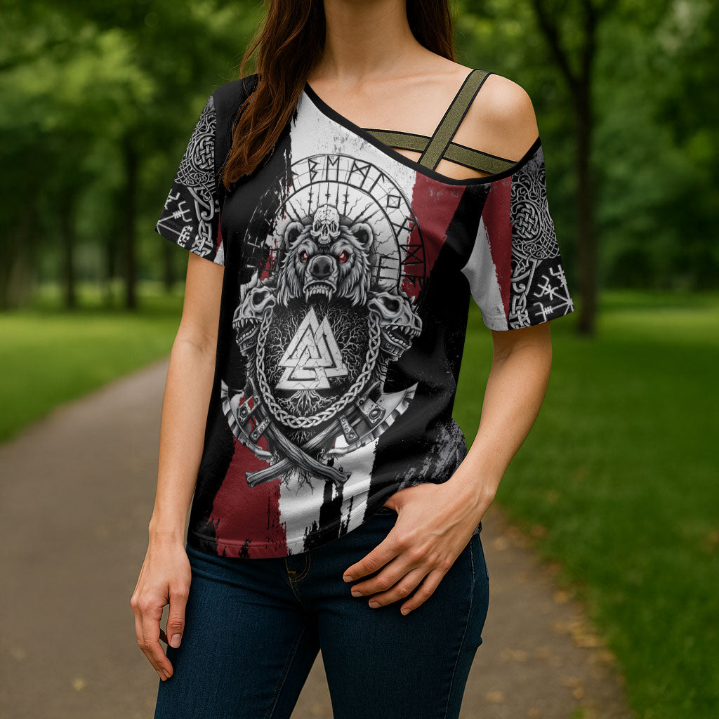 Viking Berserker Bear Valknut Vegvisir Cross Shoulder Shirt Nordic Runic Warrior Engraving Style