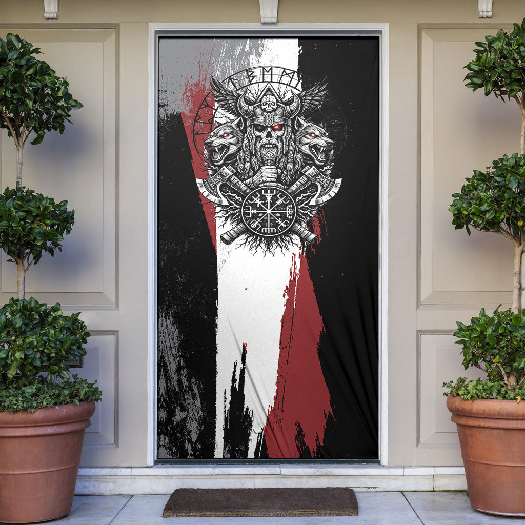 Viking Berserker Bear Valknut Vegvisir Door Cover Nordic Runic Warrior Engraving Style