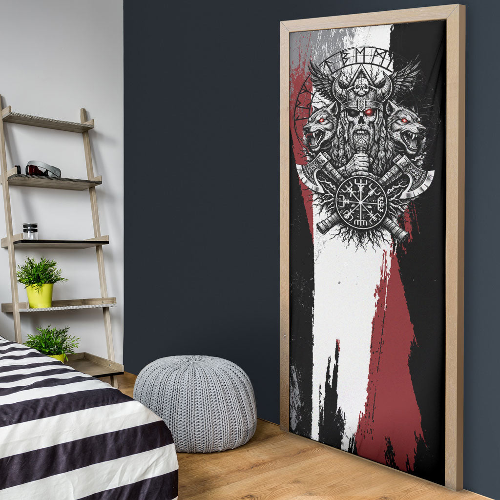 Viking Berserker Bear Valknut Vegvisir Door Cover Nordic Runic Warrior Engraving Style