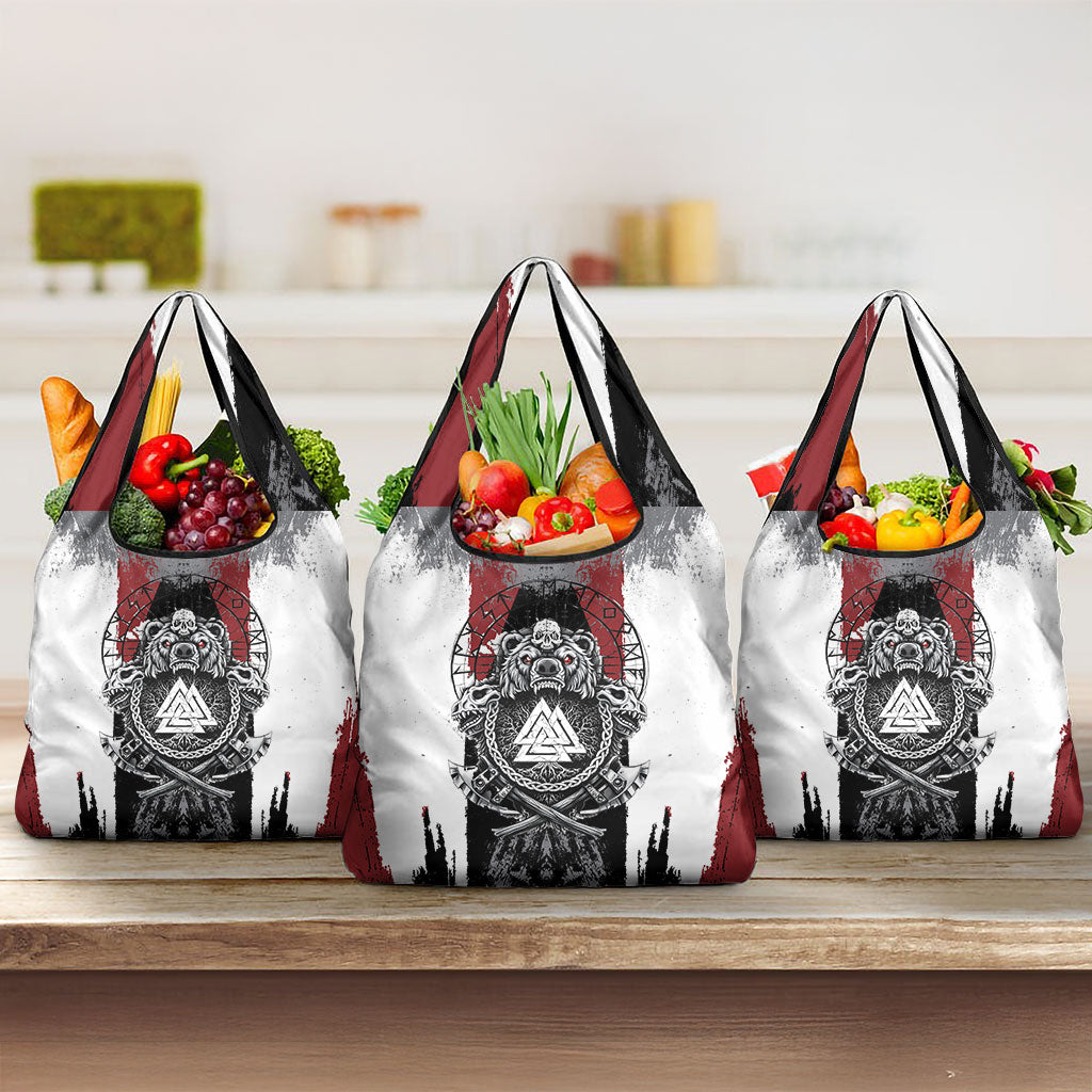 Viking Berserker Bear Valknut Vegvisir Grocery Bag Nordic Runic Warrior Engraving Style