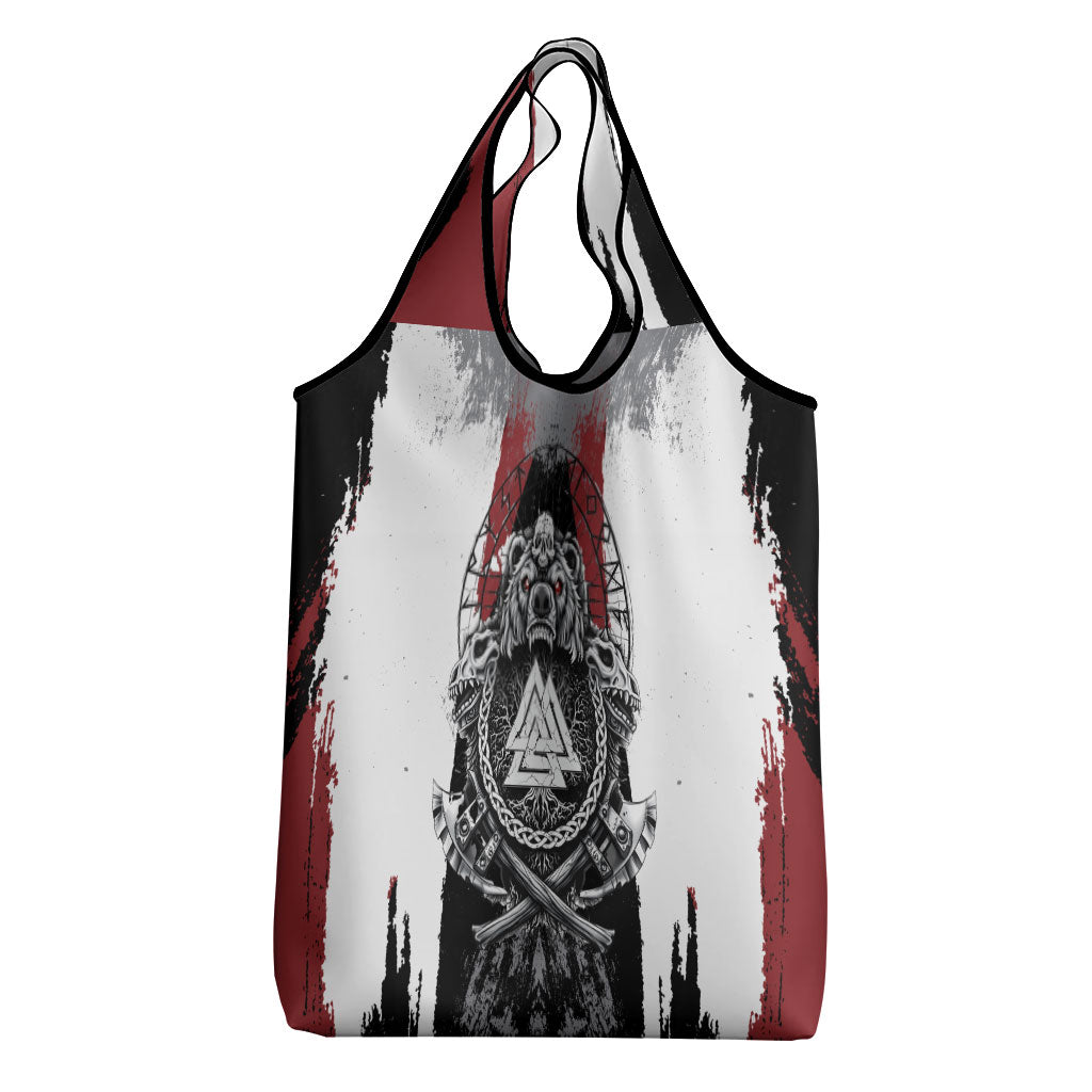 Viking Berserker Bear Valknut Vegvisir Grocery Bag Nordic Runic Warrior Engraving Style