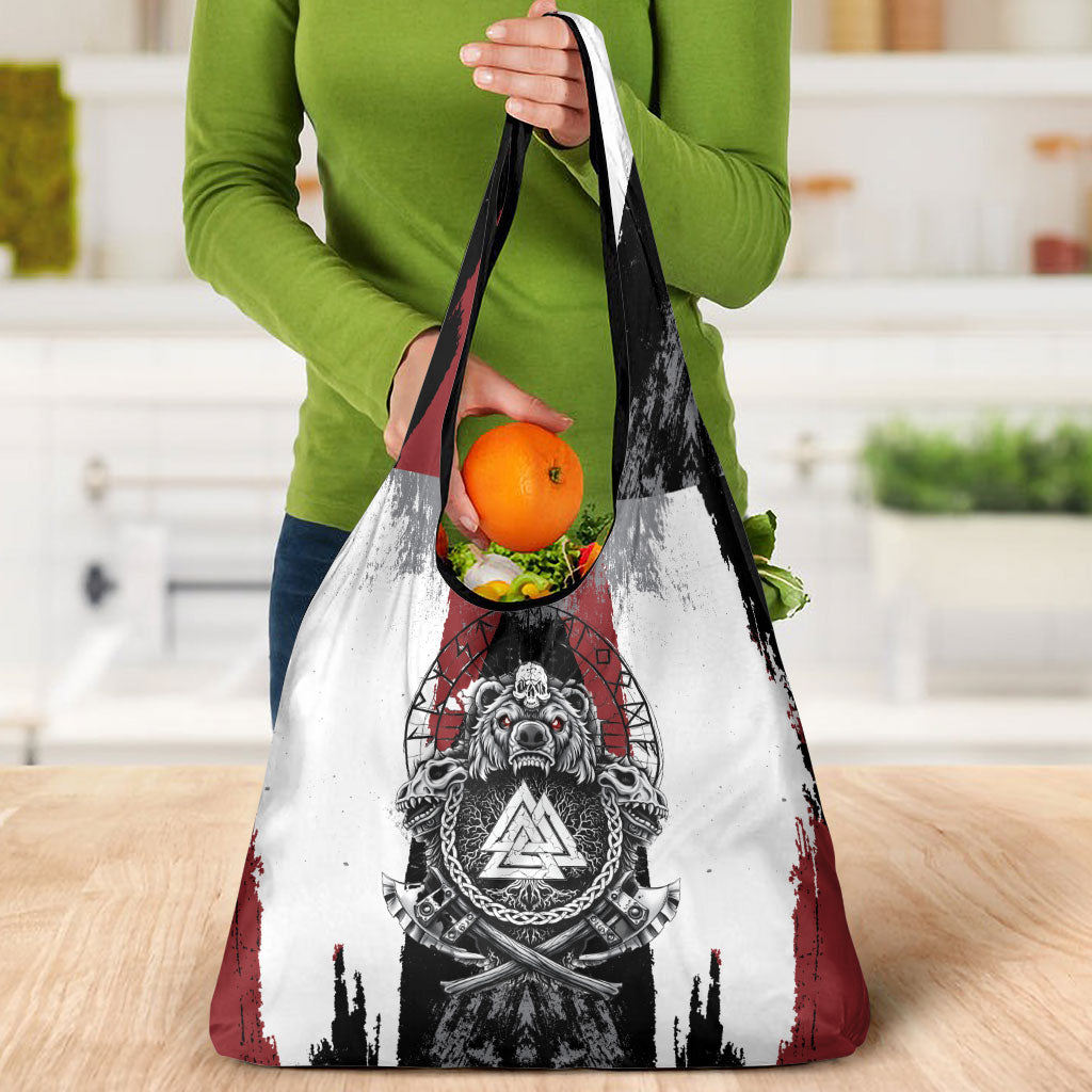 Viking Berserker Bear Valknut Vegvisir Grocery Bag Nordic Runic Warrior Engraving Style