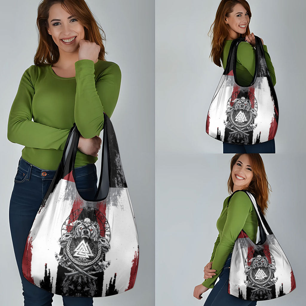 Viking Berserker Bear Valknut Vegvisir Grocery Bag Nordic Runic Warrior Engraving Style