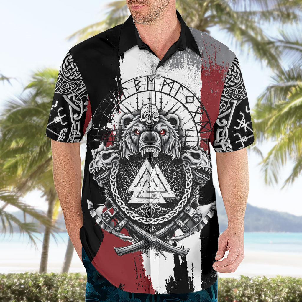 Viking Berserker Bear Valknut Vegvisir Hawaiian Shirt Nordic Runic Warrior Engraving Style