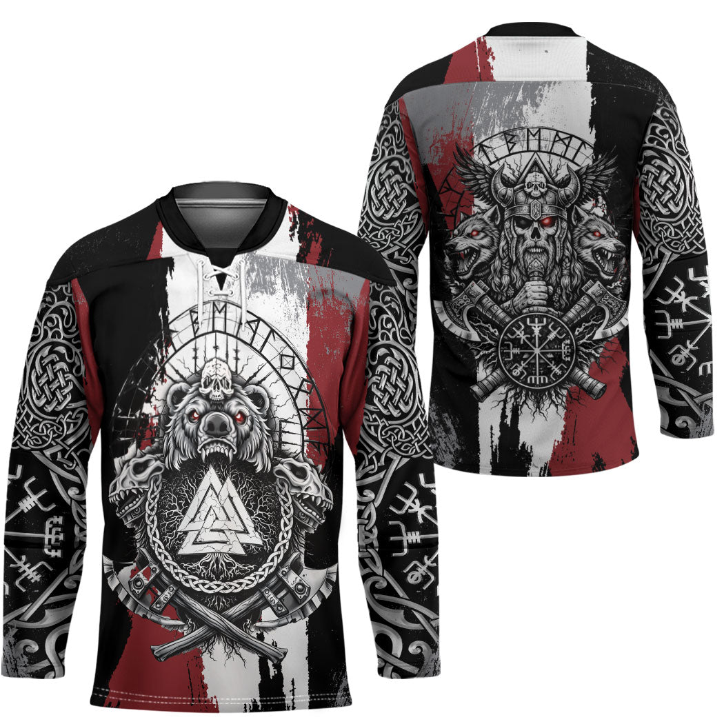 Viking Berserker Bear Valknut Vegvisir Hockey Jersey Nordic Runic Warrior Engraving Style