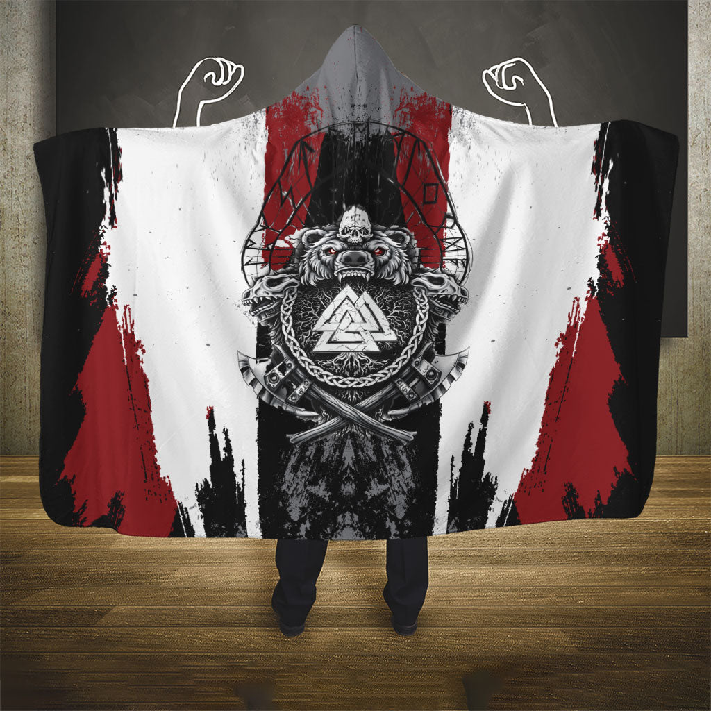 Viking Berserker Bear Valknut Vegvisir Hooded Blanket Nordic Runic Warrior Engraving Style