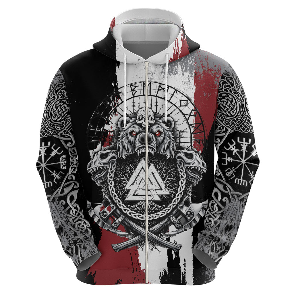 Viking Berserker Bear Valknut Vegvisir Hoodie Nordic Runic Warrior Engraving Style