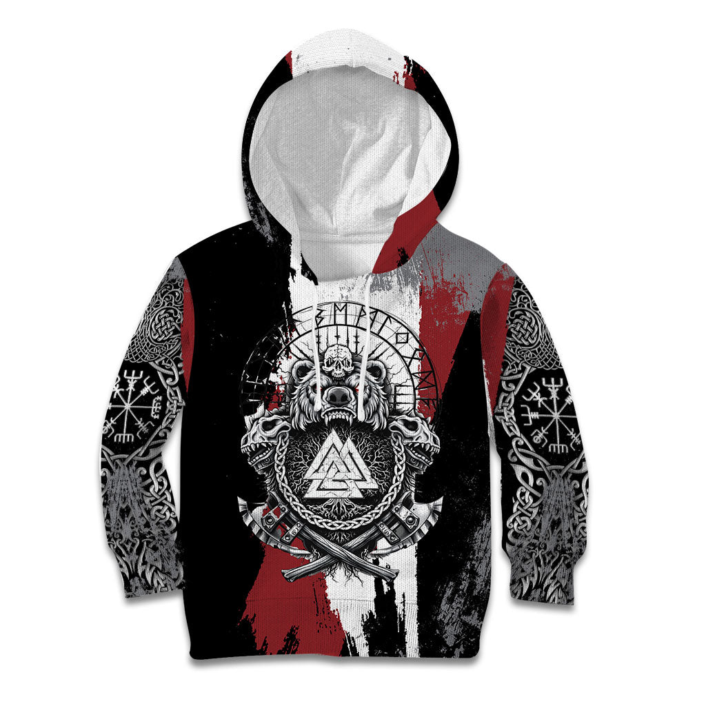 Viking Berserker Bear Valknut Vegvisir Kid Hoodie Nordic Runic Warrior Engraving Style