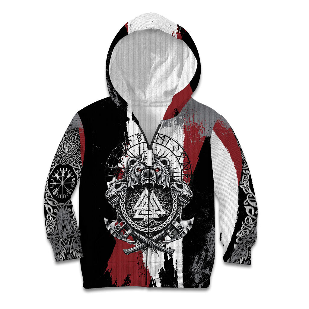 Viking Berserker Bear Valknut Vegvisir Kid Hoodie Nordic Runic Warrior Engraving Style