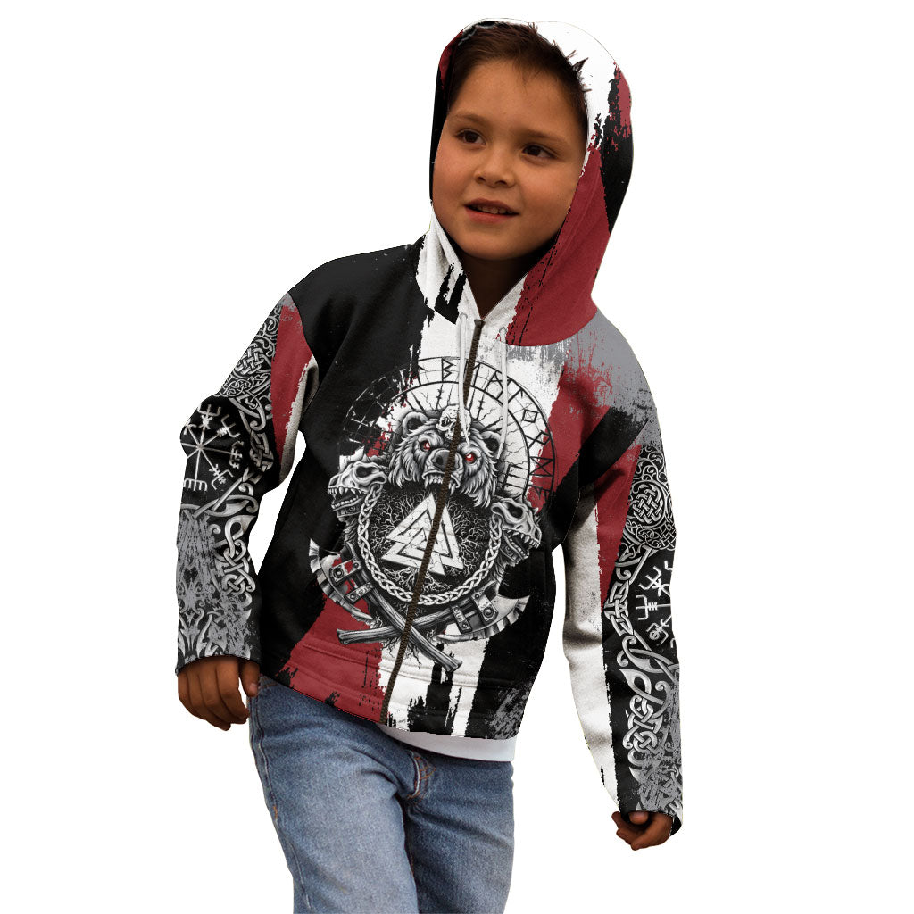 Viking Berserker Bear Valknut Vegvisir Kid Hoodie Nordic Runic Warrior Engraving Style