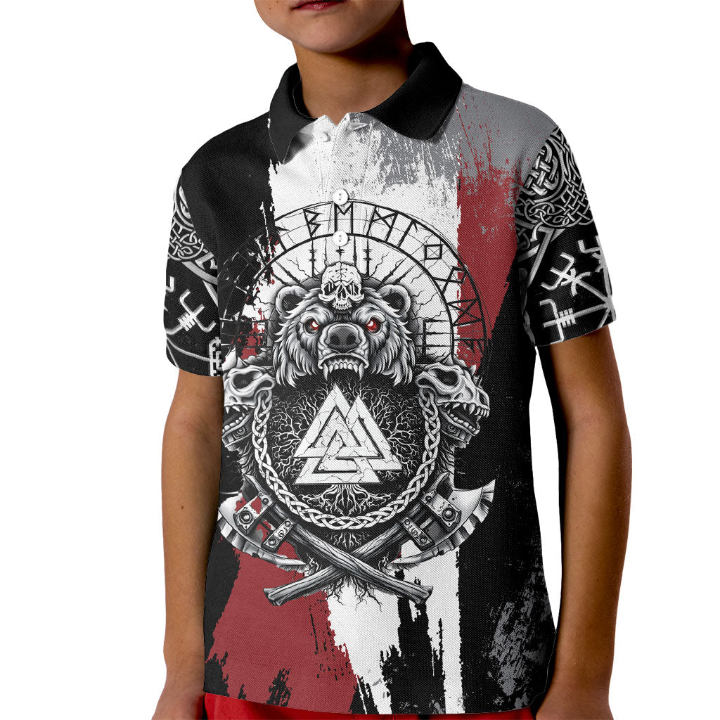 Viking Berserker Bear Valknut Vegvisir Kid Polo Shirt Nordic Runic Warrior Engraving Style
