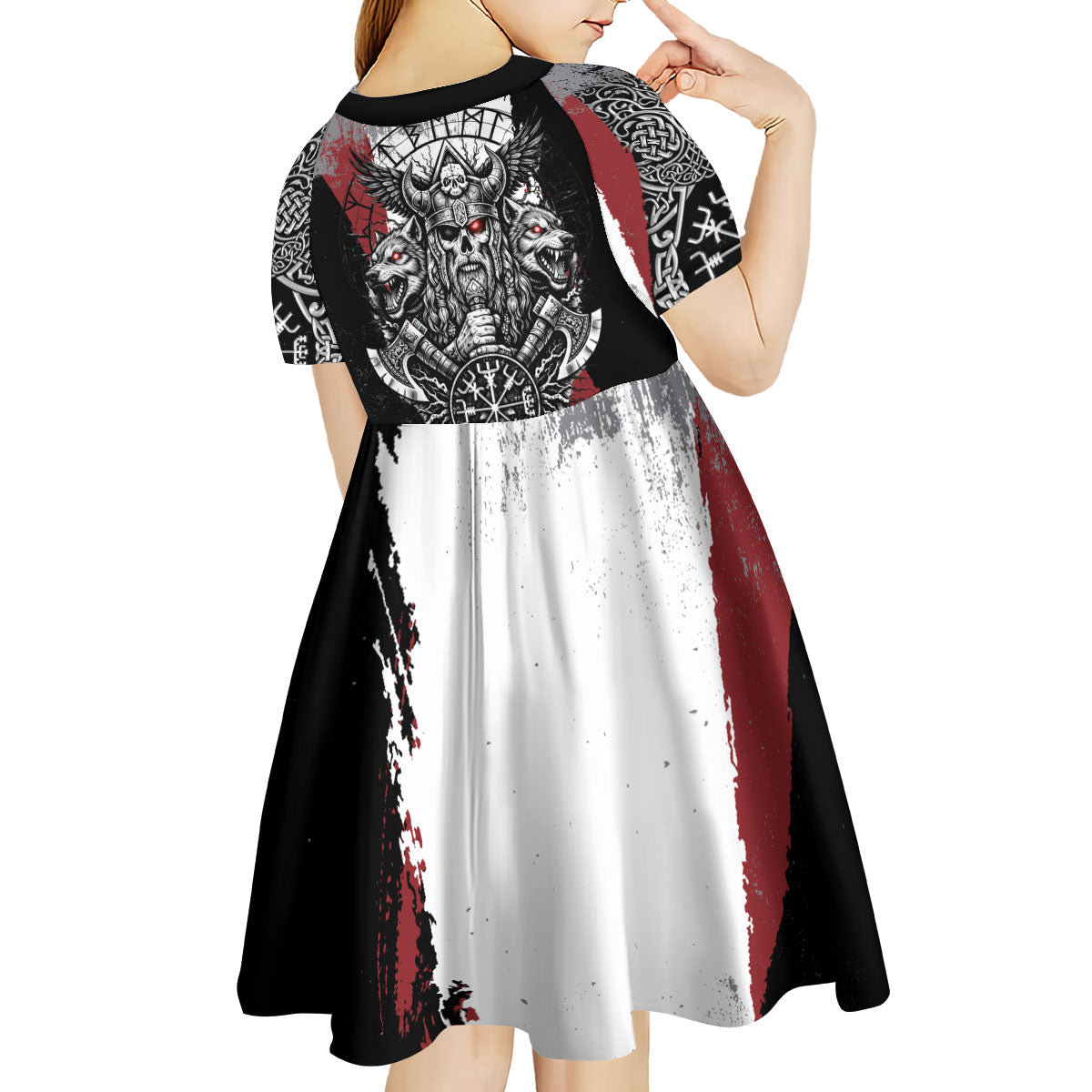 Viking Berserker Bear Valknut Vegvisir Kid Short Sleeve Dress Nordic Runic Warrior Engraving Style