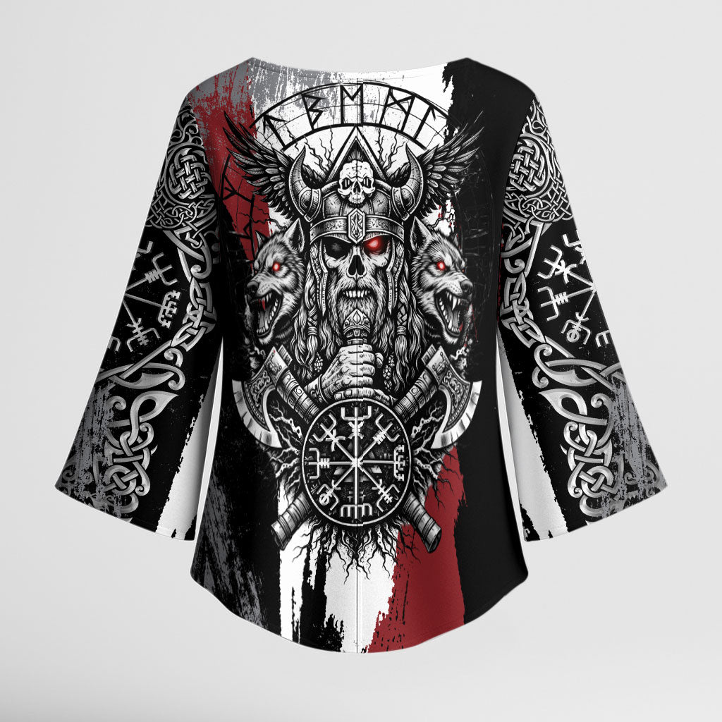 Viking Berserker Bear Valknut Vegvisir Kimono Sleeve Blouse Nordic Runic Warrior Engraving Style
