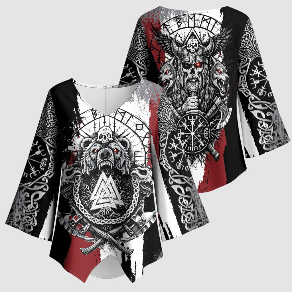 Viking Berserker Bear Valknut Vegvisir Kimono Sleeve Blouse Nordic Runic Warrior Engraving Style