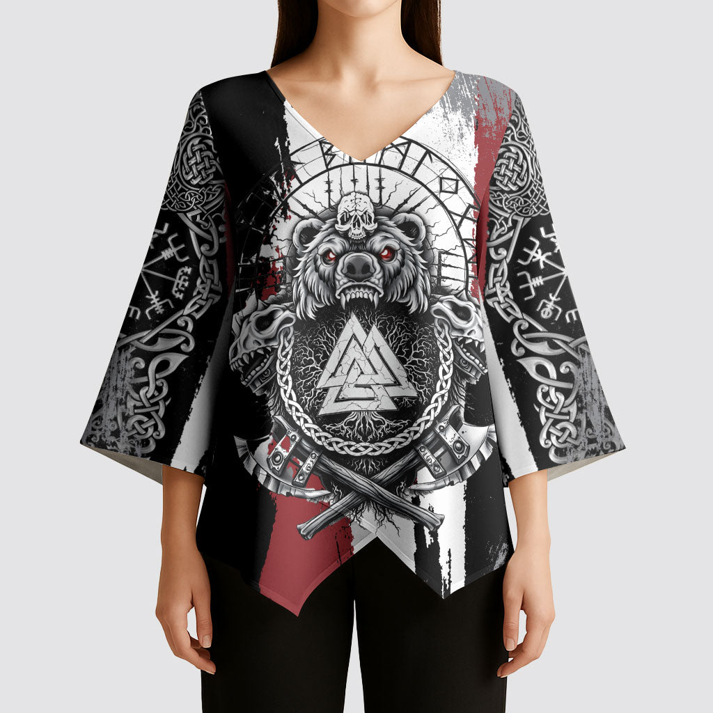 Viking Berserker Bear Valknut Vegvisir Kimono Sleeve Blouse Nordic Runic Warrior Engraving Style
