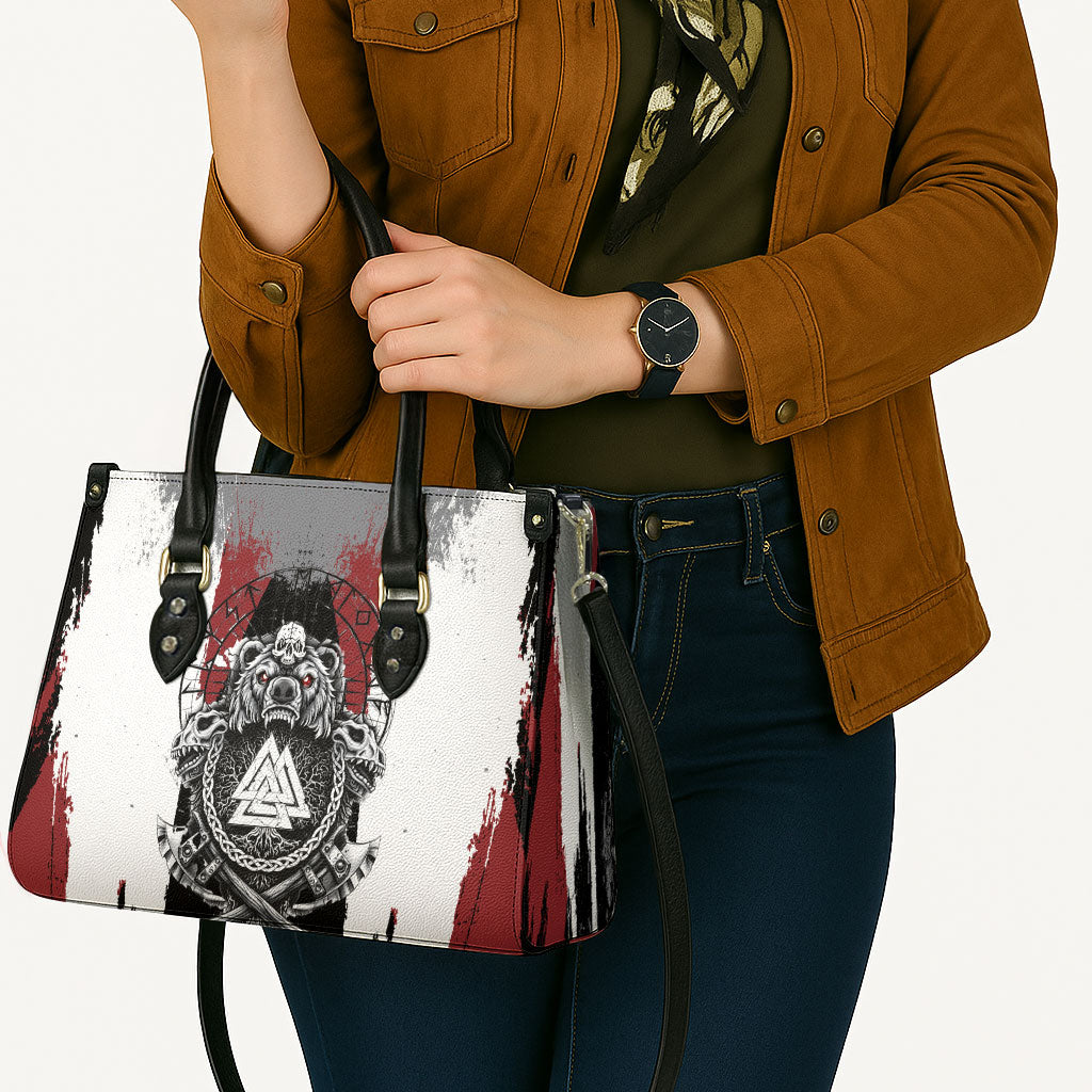 Viking Berserker Bear Valknut Vegvisir Leather Bag Nordic Runic Warrior Engraving Style