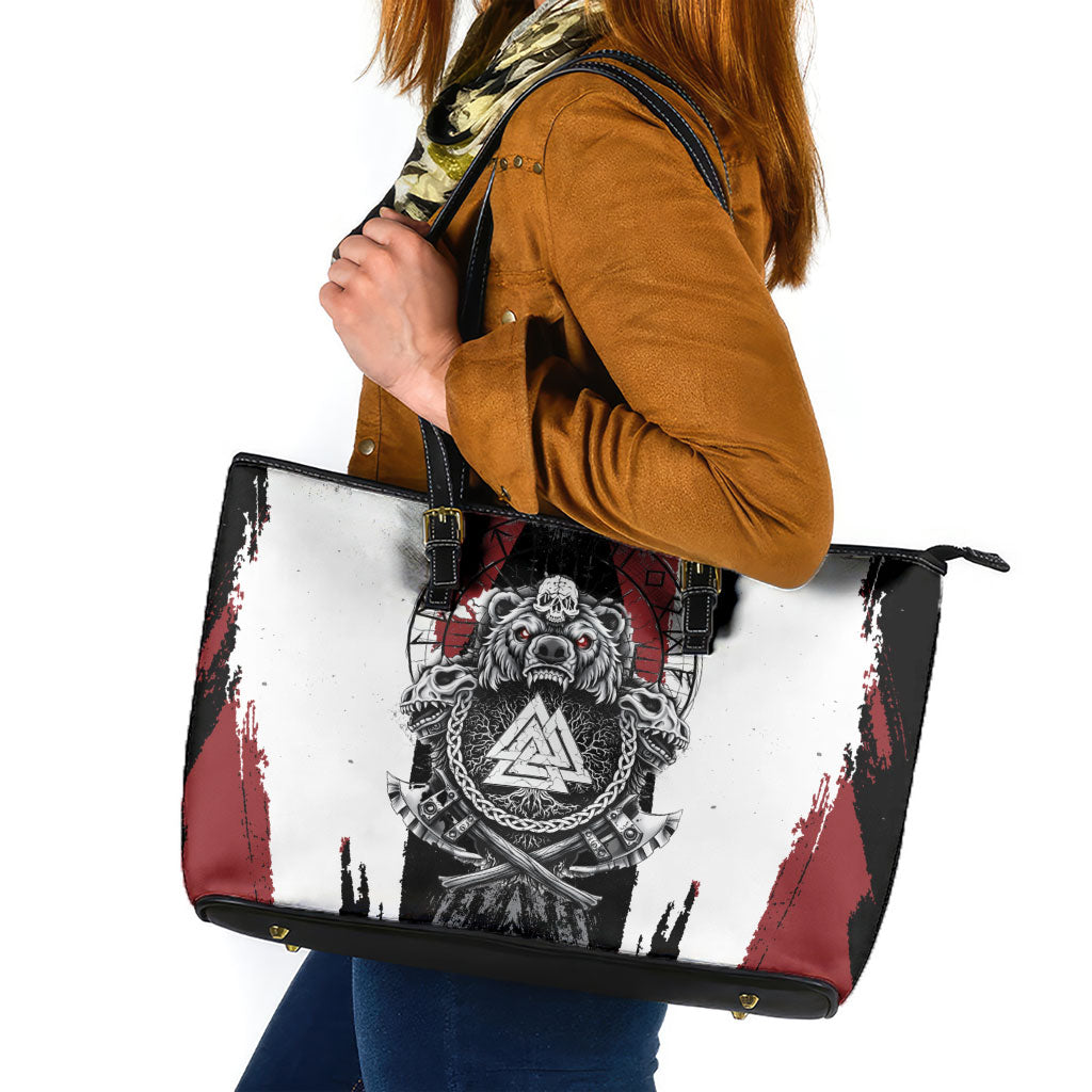 Viking Berserker Bear Valknut Vegvisir Leather Tote Bag Nordic Runic Warrior Engraving Style