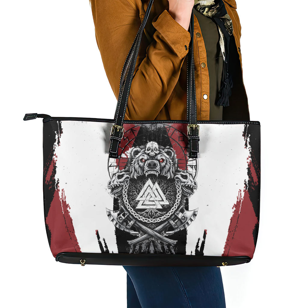 Viking Berserker Bear Valknut Vegvisir Leather Tote Bag Nordic Runic Warrior Engraving Style