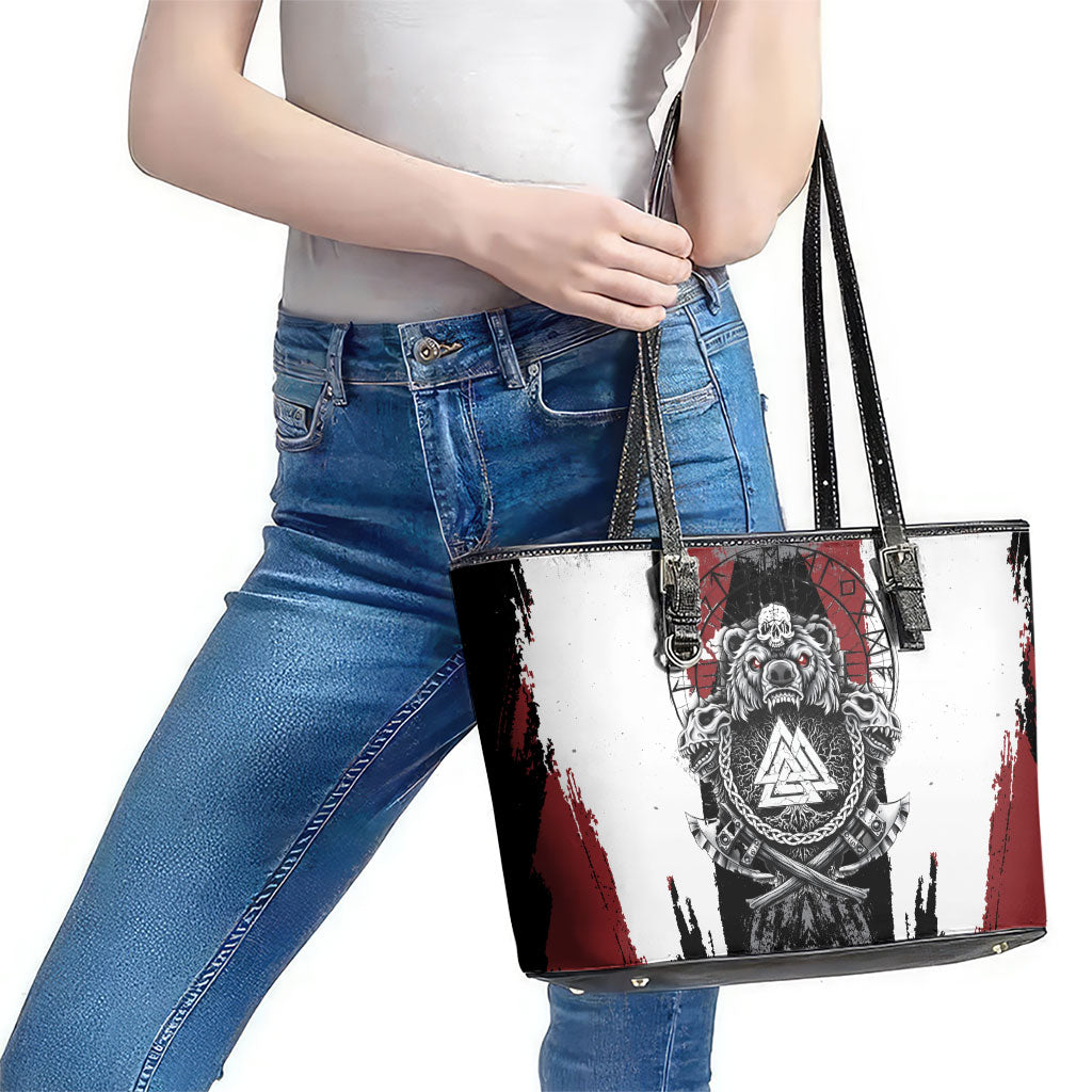Viking Berserker Bear Valknut Vegvisir Leather Tote Bag Nordic Runic Warrior Engraving Style
