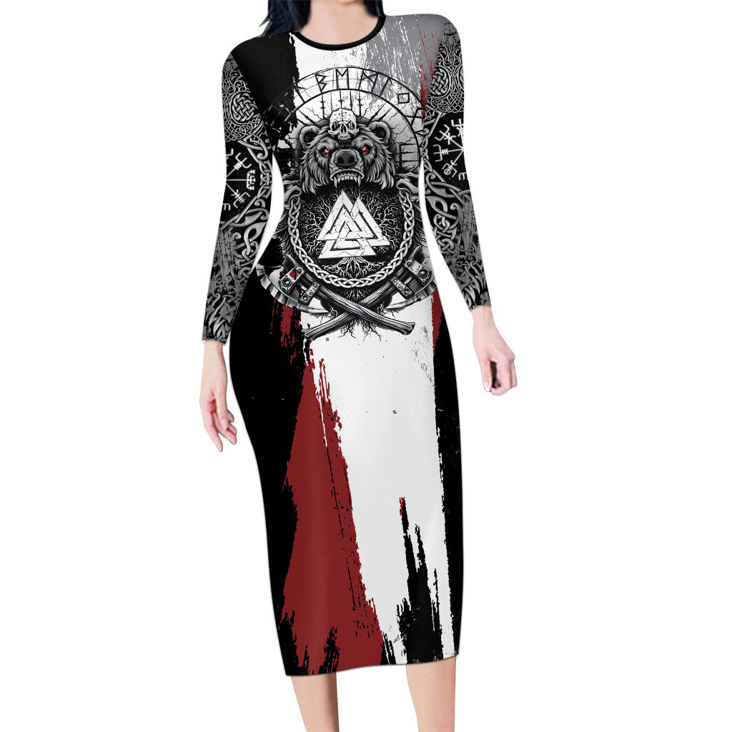 Viking Berserker Bear Valknut Vegvisir Long Sleeve Bodycon Dress Nordic Runic Warrior Engraving Style