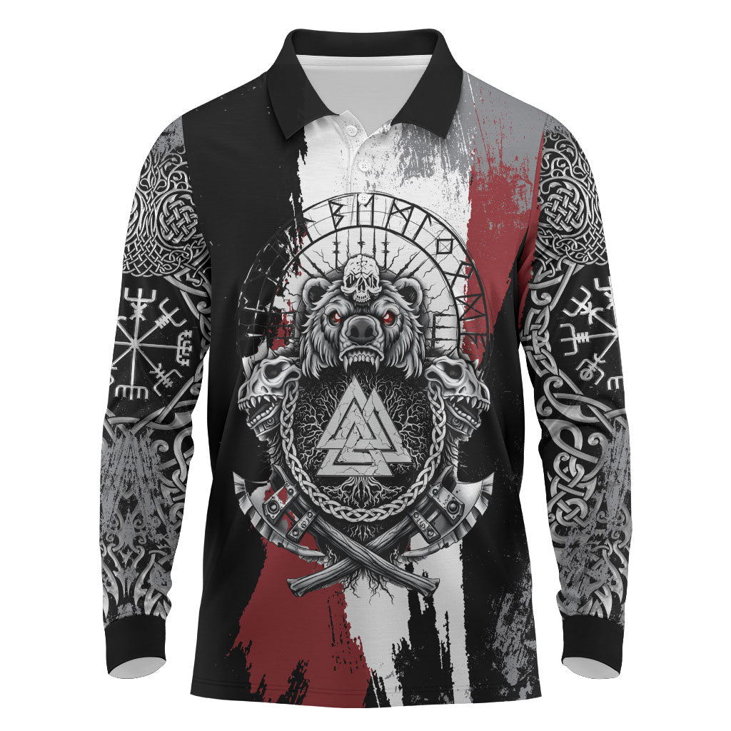Viking Berserker Bear Valknut Vegvisir Long Sleeve Polo Shirt Nordic Runic Warrior Engraving Style