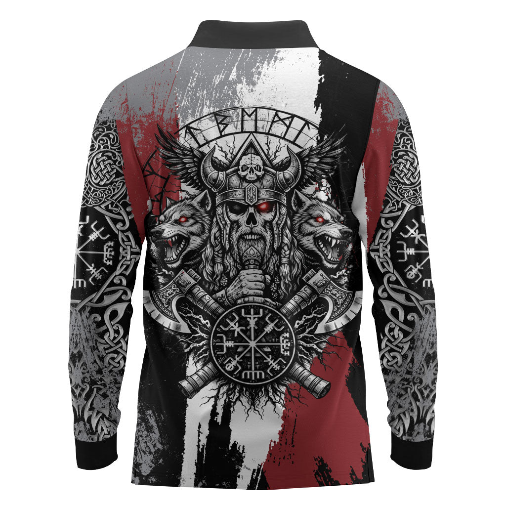 Viking Berserker Bear Valknut Vegvisir Long Sleeve Polo Shirt Nordic Runic Warrior Engraving Style