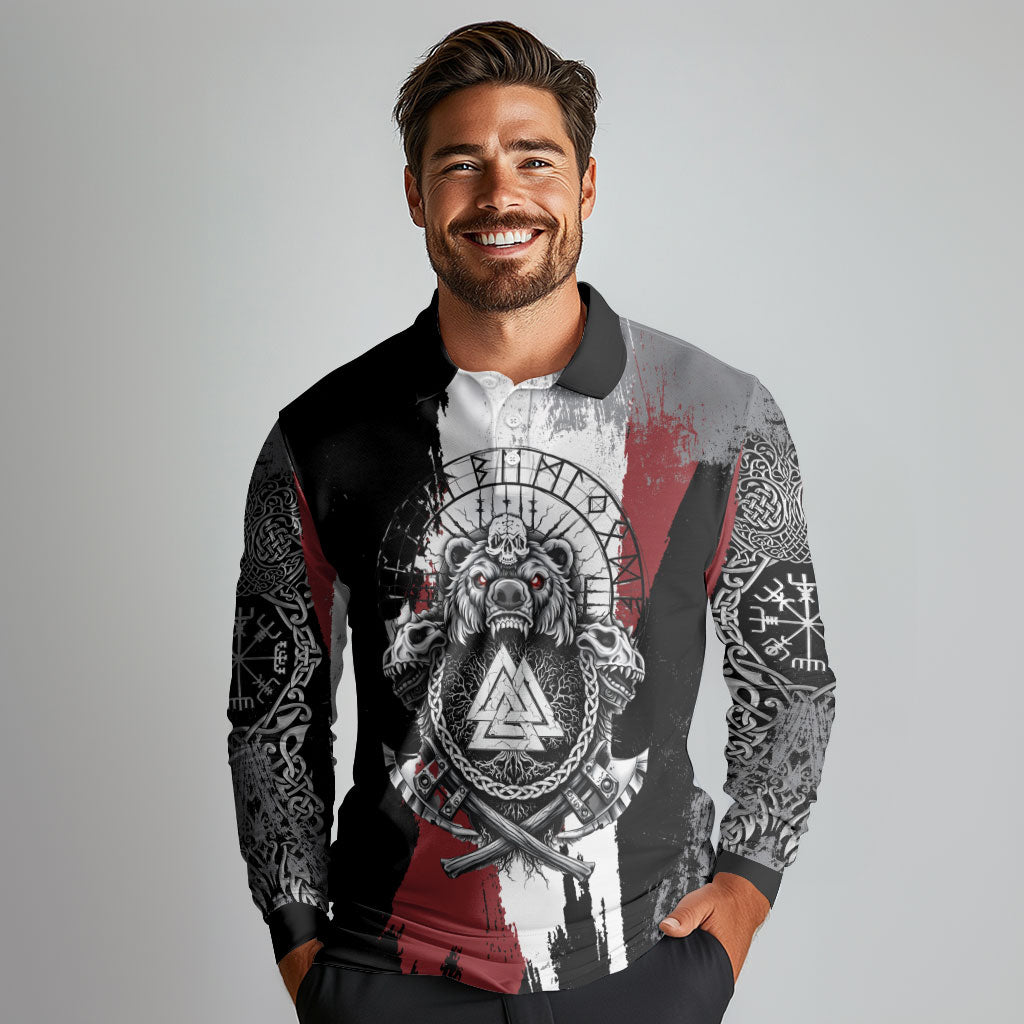 Viking Berserker Bear Valknut Vegvisir Long Sleeve Polo Shirt Nordic Runic Warrior Engraving Style