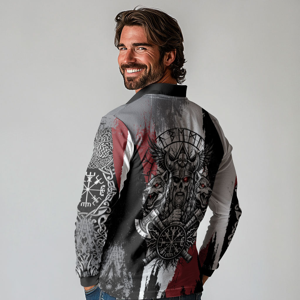 Viking Berserker Bear Valknut Vegvisir Long Sleeve Polo Shirt Nordic Runic Warrior Engraving Style