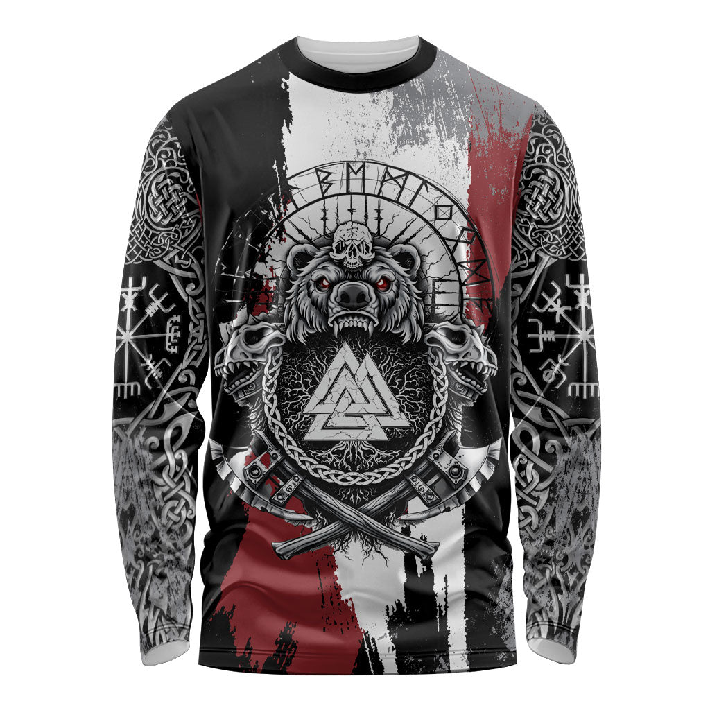 Viking Berserker Bear Valknut Vegvisir Long Sleeve Shirt Nordic Runic Warrior Engraving Style