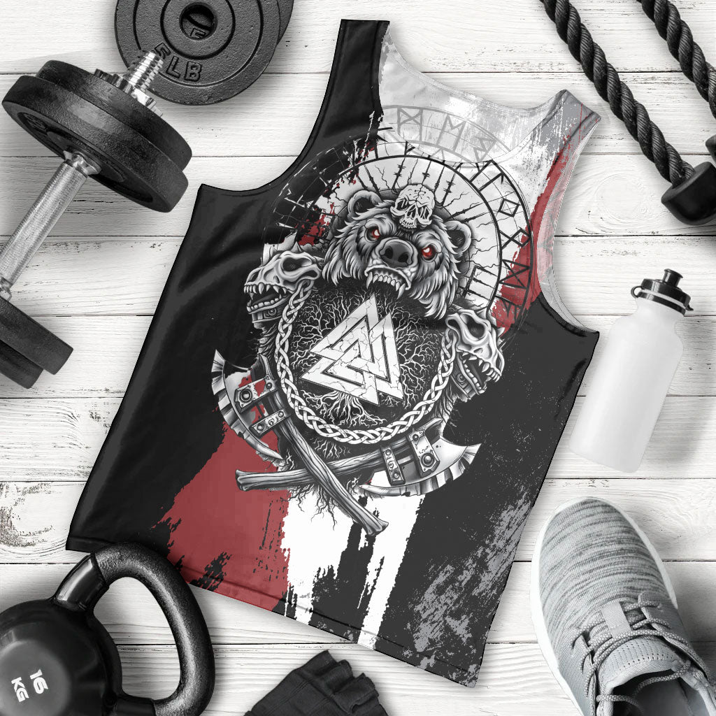 Viking Berserker Bear Valknut Vegvisir Men Tank Top Nordic Runic Warrior Engraving Style