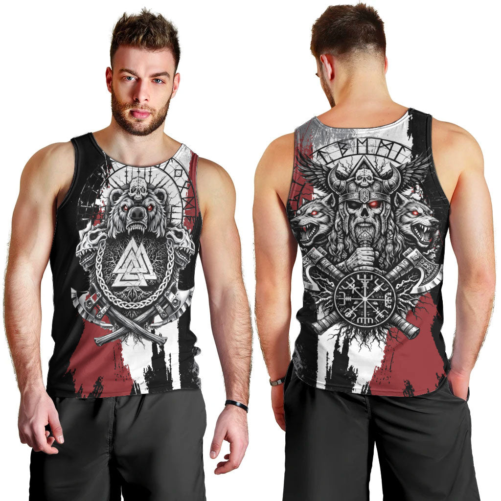 Viking Berserker Bear Valknut Vegvisir Men Tank Top Nordic Runic Warrior Engraving Style