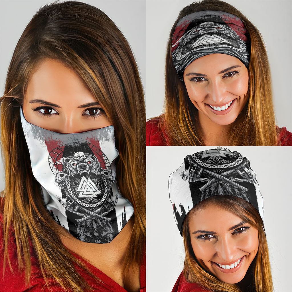 Viking Berserker Bear Valknut Vegvisir Neck Gaiter Nordic Runic Warrior Engraving Style