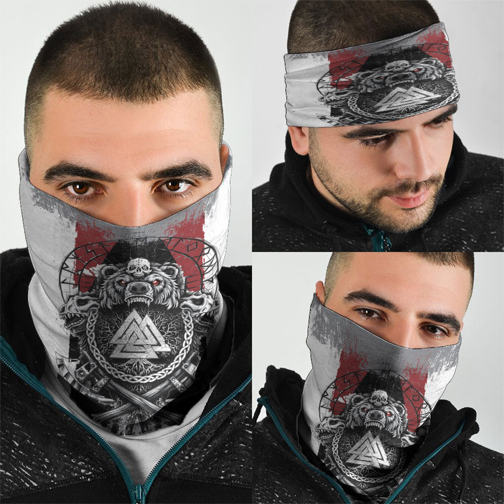Viking Berserker Bear Valknut Vegvisir Neck Gaiter Nordic Runic Warrior Engraving Style