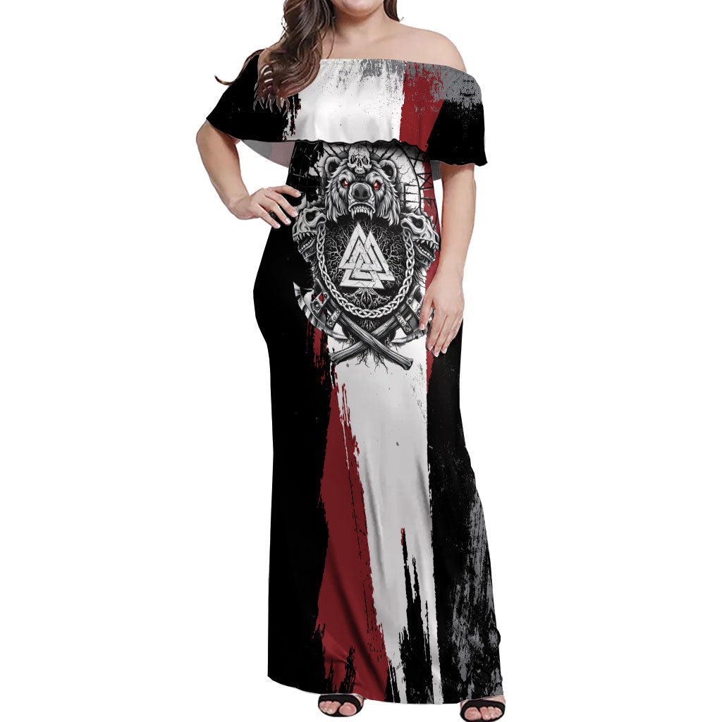 Viking Berserker Bear Valknut Vegvisir Off Shoulder Maxi Dress Nordic Runic Warrior Engraving Style