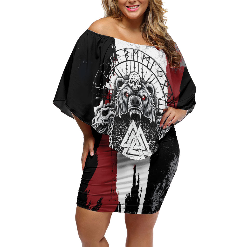 Viking Berserker Bear Valknut Vegvisir Off Shoulder Short Dress Nordic Runic Warrior Engraving Style