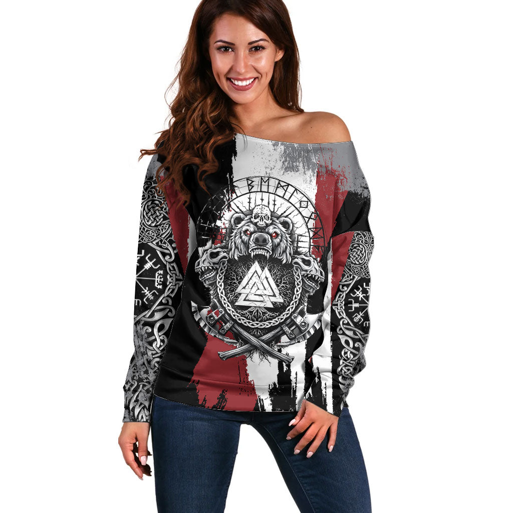 Viking Berserker Bear Valknut Vegvisir Off Shoulder Sweater Nordic Runic Warrior Engraving Style