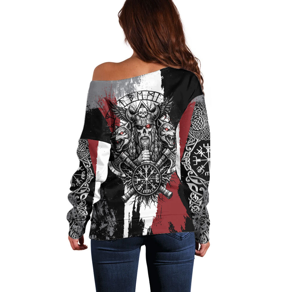 Viking Berserker Bear Valknut Vegvisir Off Shoulder Sweater Nordic Runic Warrior Engraving Style