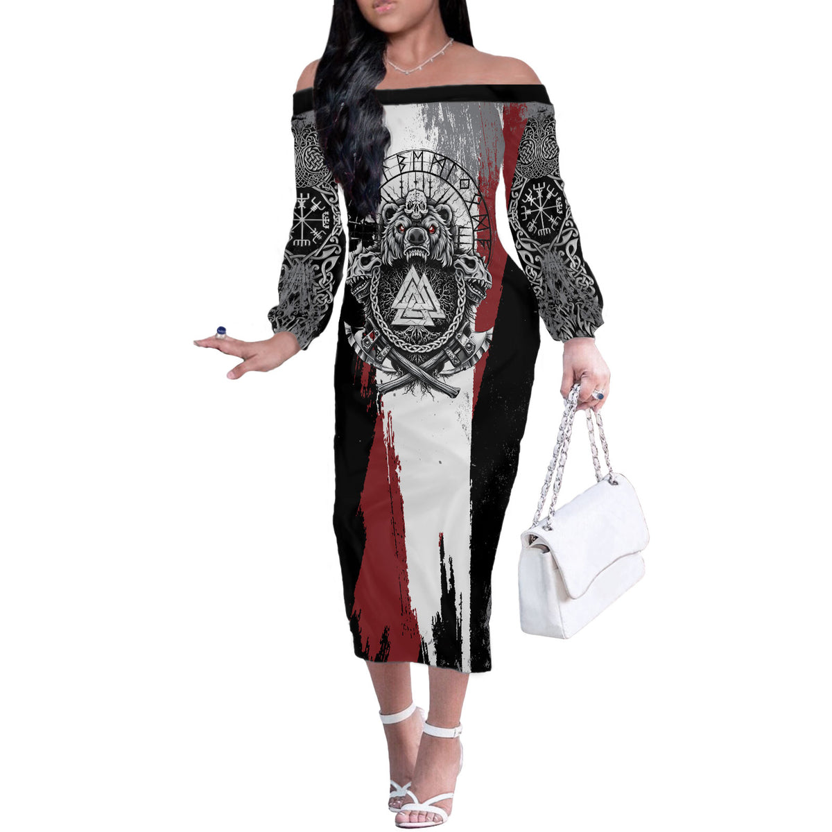 Viking Berserker Bear Valknut Vegvisir Off The Shoulder Long Sleeve Dress Nordic Runic Warrior Engraving Style