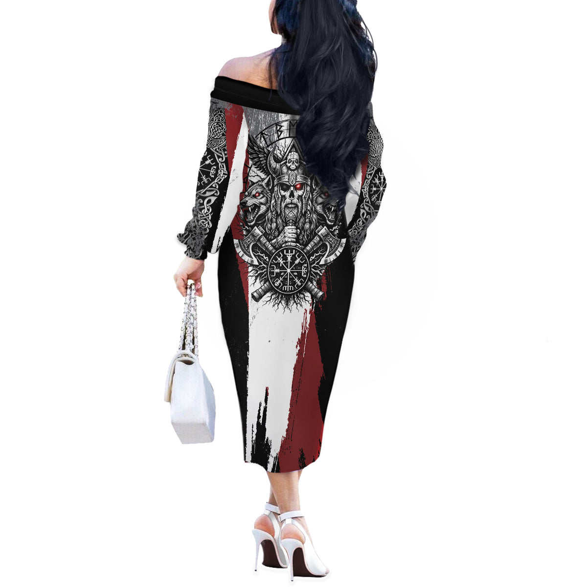 Viking Berserker Bear Valknut Vegvisir Off The Shoulder Long Sleeve Dress Nordic Runic Warrior Engraving Style
