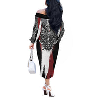 Viking Berserker Bear Valknut Vegvisir Off The Shoulder Long Sleeve Dress Nordic Runic Warrior Engraving Style