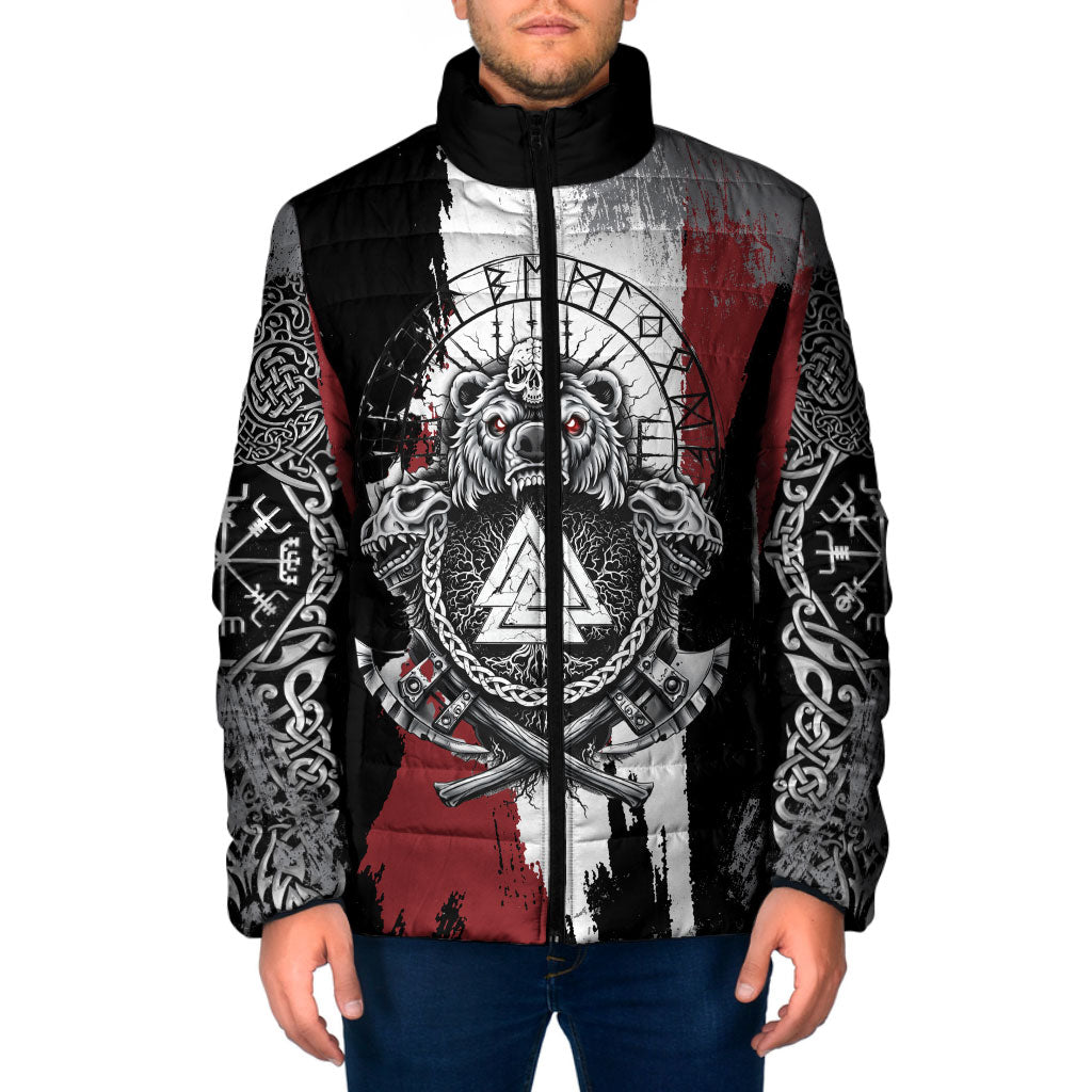 Viking Berserker Bear Valknut Vegvisir Padded Jacket Nordic Runic Warrior Engraving Style