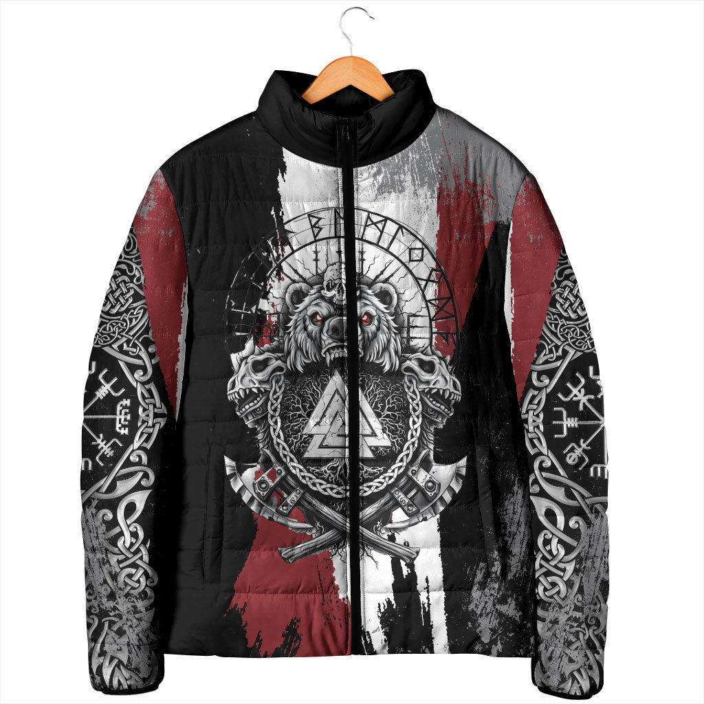 Viking Berserker Bear Valknut Vegvisir Padded Jacket Nordic Runic Warrior Engraving Style