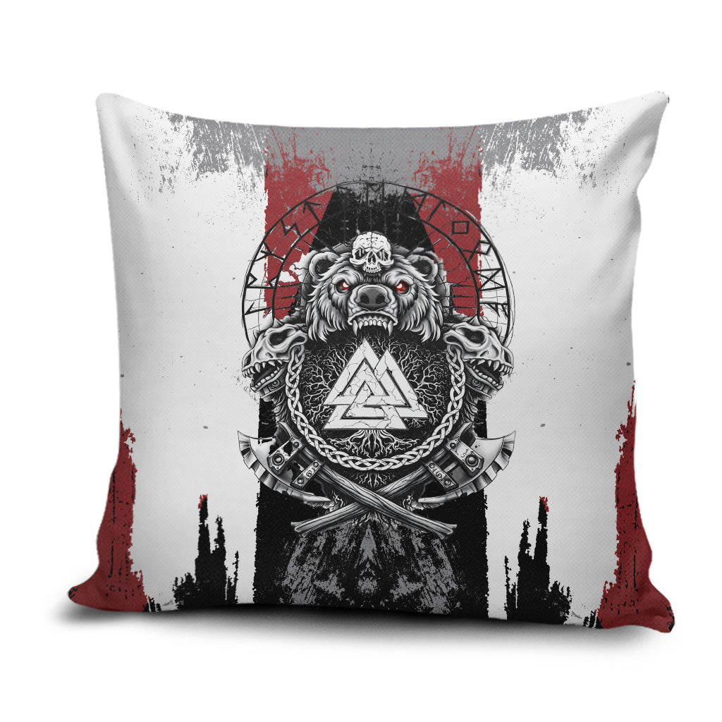 Viking Berserker Bear Valknut Vegvisir Pillow Cover Nordic Runic Warrior Engraving Style
