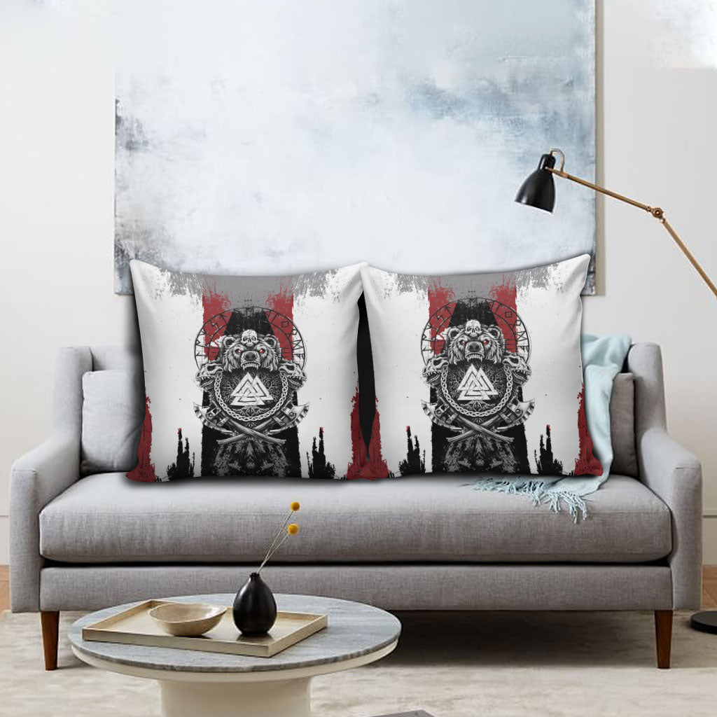 Viking Berserker Bear Valknut Vegvisir Pillow Cover Nordic Runic Warrior Engraving Style