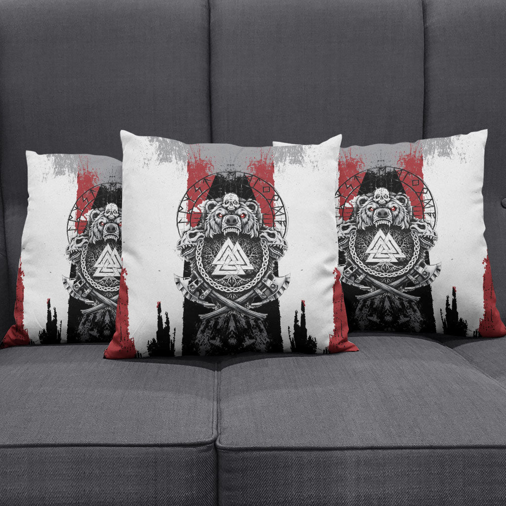 Viking Berserker Bear Valknut Vegvisir Pillow Cover Nordic Runic Warrior Engraving Style