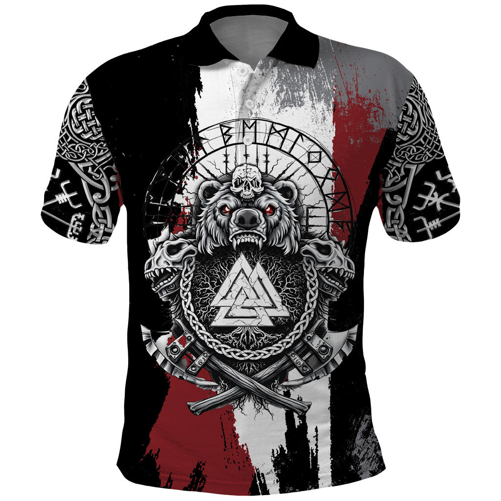 Viking Berserker Bear Valknut Vegvisir Polo Shirt Nordic Runic Warrior Engraving Style